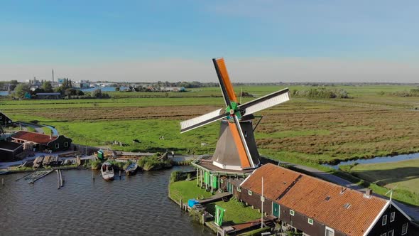 Mill in Netherlands Aerial View Forward Move