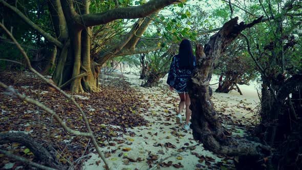 Cute Asian Girl in Kimono Walking on a Beach at Sunset in Slow Motion Thailand