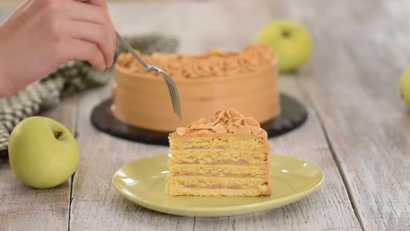 Piece of Apple Layer Cake with Caramel Cream.