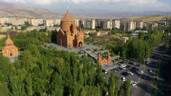 Aerial view church in Abovyan, city in Armenia, Caucasus. Saint John the Baptist Church.