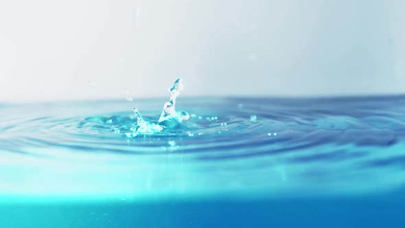 The clean water surface in slow motion fills the screen with water splashing shop the water drop and