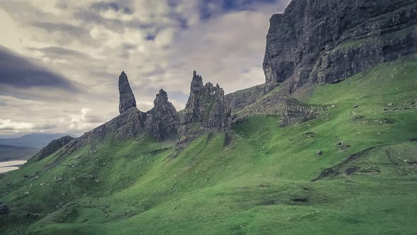 Stormy clouds over Old Man of Storr in Scotland, UK, Europe