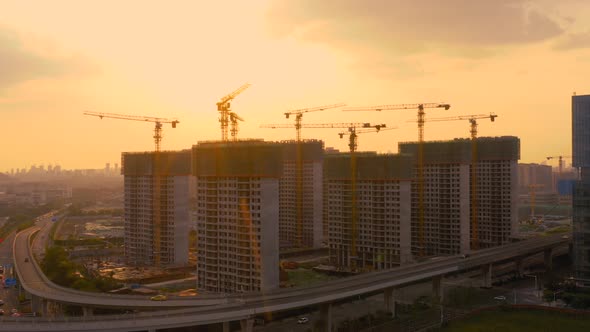 Aerial of construction site at sunset