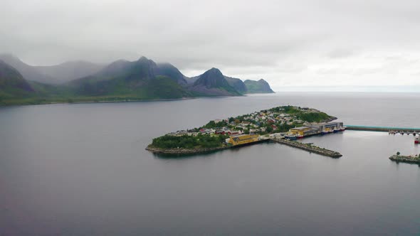 Flying Around the Husoy Fishing Village on the Senja Island Norway