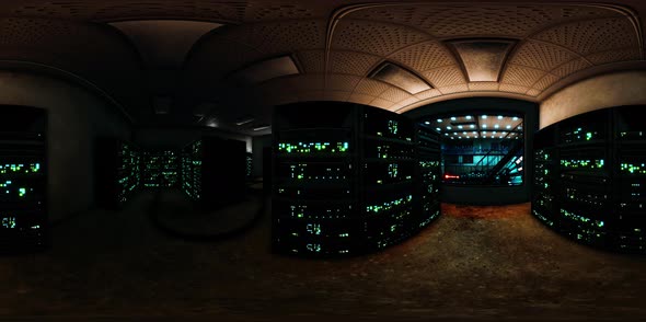 VR360 Futuristic Dark Data Center with Metal and Lights