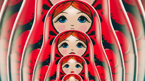 Beautiful matryoshka dolls in a row grow infinitely. Front view of babushkas.