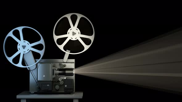 Isolated retro cinema projector plays old film on the black background