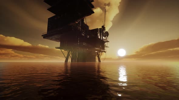 Offshore Oil Rig Platform in Sunset or Sunrise Time alt