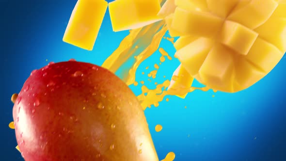 Mango with Slices Falling on Blue Background