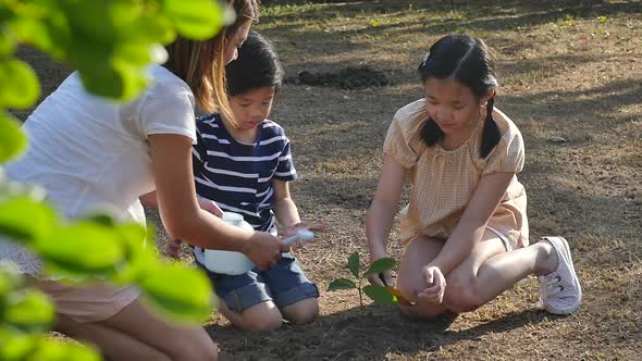 Asian Mother And Children Planting Young Tree In Black Soil Together Slow Motion 