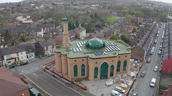 Aerial view of Gilani Noor Mosque in Longton, Stoke on Trent, Staffordshire, the new Mosque being bu