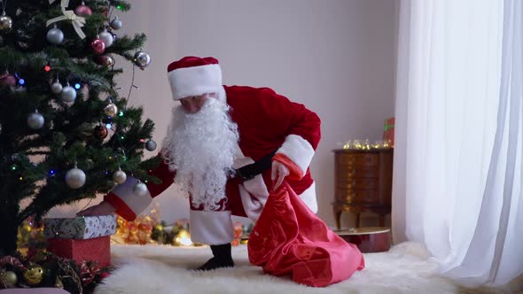 Santa Clause Putting Wrapped Presents Under Christmas Tree in Living Room Indoors