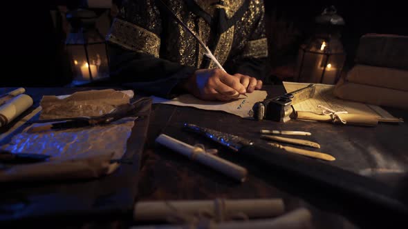 Letter writing scene in the cinematic historical period.