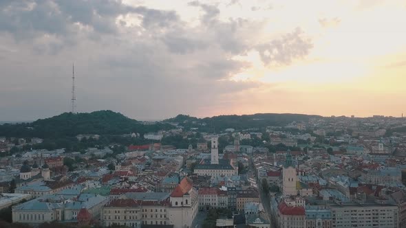 Aerial City Lviv, Ukraine. European City. Popular Areas of the City. Town Hall