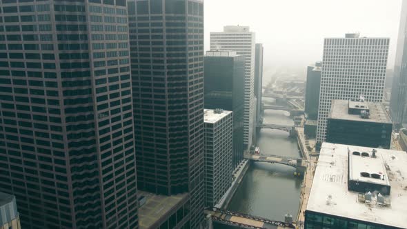 Chicago River and Downtown on a Foggy Cloudy Day