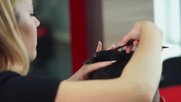 Woman Hairdresser Making Haircut to Young Man