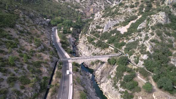 Aerial View of an Ancient Stone Bridge Called Devil's Bridge in South of France