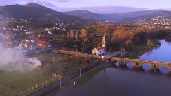 Peaceful town near river in evening