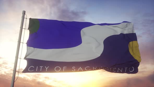 Sacramento City Flag Waving in the Wind Sky and Sun Background