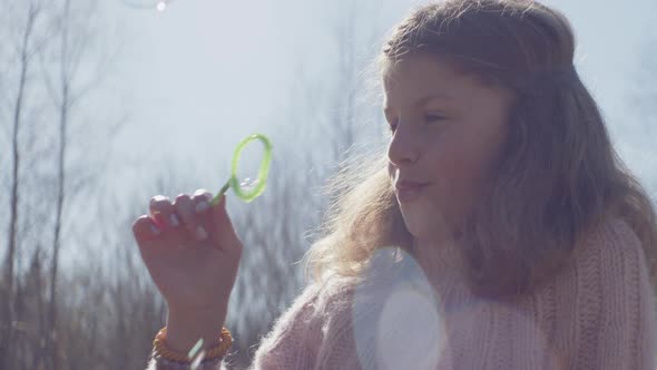 Young Girl Blowing Bubbles In Sunlit Field