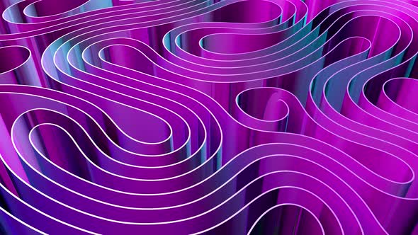 Rows of colorful rippling stripes animation 3d rendering. Motion design. Smooth hypnotic pattern.