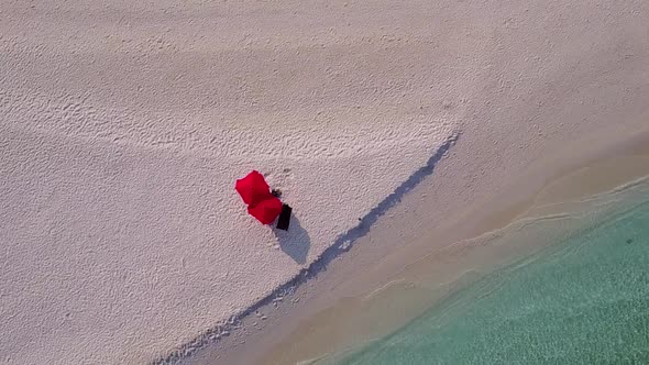 Drone nature of lagoon beach wildlife by blue ocean with sand background