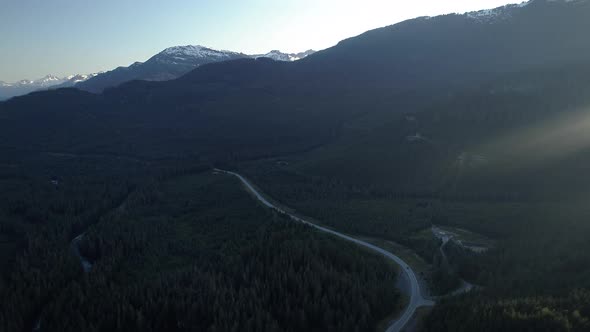 Cinematic Sunset Aerial Of Callaghan Road Near Whistler Canada