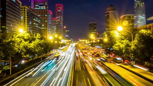 Time lapse of busy freeway traffic at night in beijing city，china
