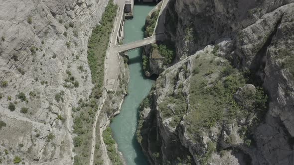 Water Reservoir and a Dam in Dagestan Aerial View of the Concrete Dam Chirkei Famous Hydroelectric