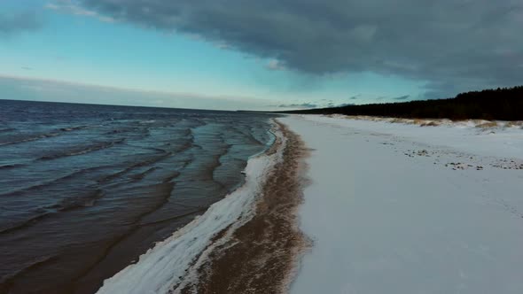 Aerial View at the Baltic Sea, Winter Season Landscape by the Sea in Sunny Day.