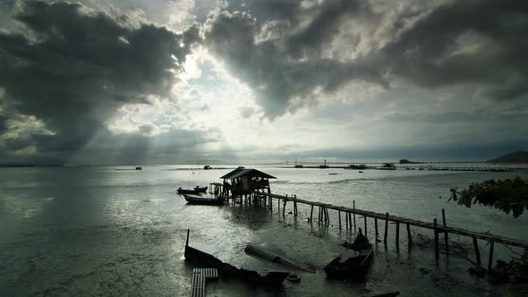 Timelapse wooden fisherman hut in ray