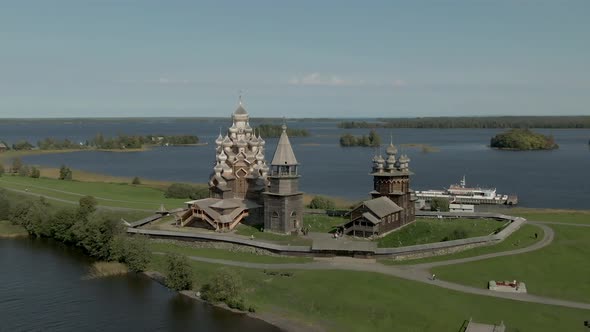 a Cinematic Shot From the Air Around the Wooden Walkway of Kizhi