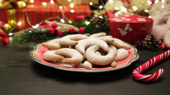 Plate of Traditional German or Austrian Vanillekipferl Vanilla Kipferl Cookies