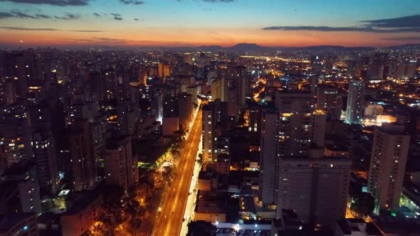 Sunset downtown Sao Paulo Brazil. Downtown district at sunset scenery.