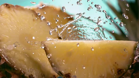 Slow Motion Shot of Pineapple and Water Splashing Through Pineapple Slices