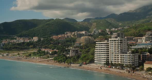 Beautiful view from the terrace of the sea and mountains on a summer day in Montenegro