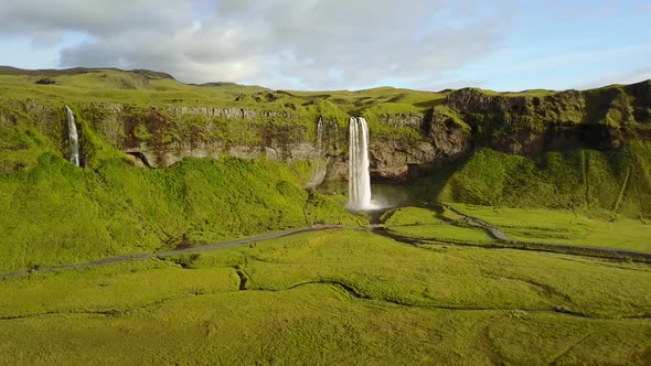 Seljalandsfoss waterfall In Iceland on a beautiful September day shot from GoPro Karma Drone.
