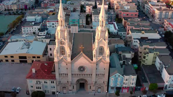 Aerial: Beautiful church in downtown, drone view