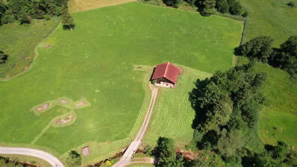 Aerial view of farm and fields landscape