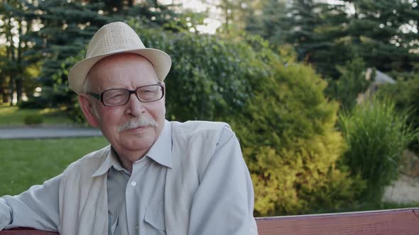 Thoughtful Senior Man Looking Attentively with Smile at Camera on Bench in Park