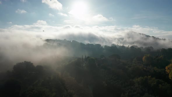 Aerial View of a Rural Landscape During Sunrise in Tuscany. Rural Farm, Vineyards, Green Fields