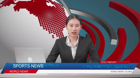 Live News Studio With Asian Female Anchor And Her Computer Reporting On The Events Of The Day