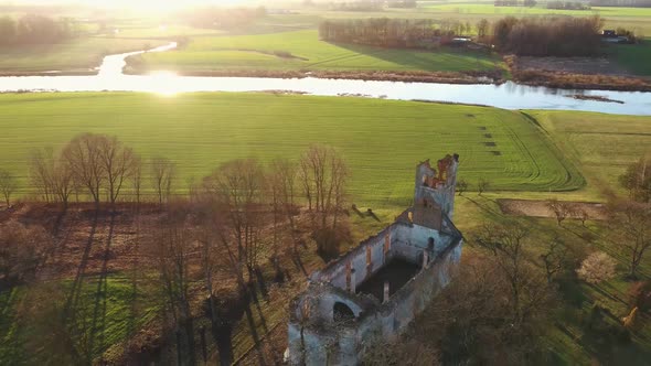 Ruins of the Lutheran Church in Salgale Latvia Aerial 4K Dron Shot.