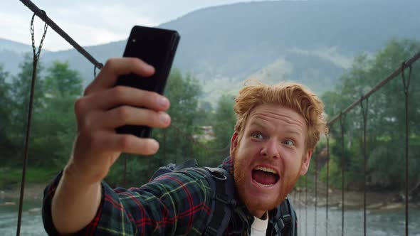 Tourist Taking Selfie Smartphone Camera Closeup