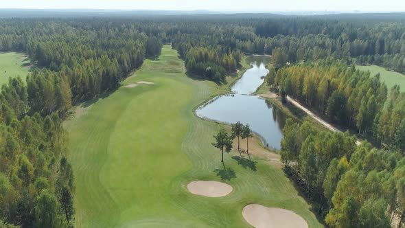 Summer Sunny Day Aerial View of Golf Course in Forest Area Golf Club View of the Field of Green Lawn