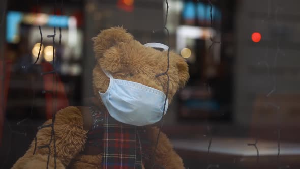 Lonely Christmas Teddy Bear Wears Medical Face Mask