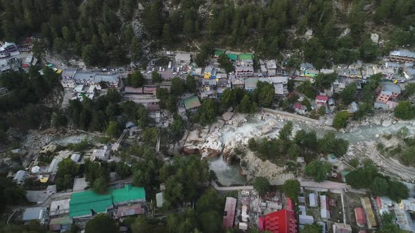 Gangotri village in the state of Uttarakhand in India seen from the sky