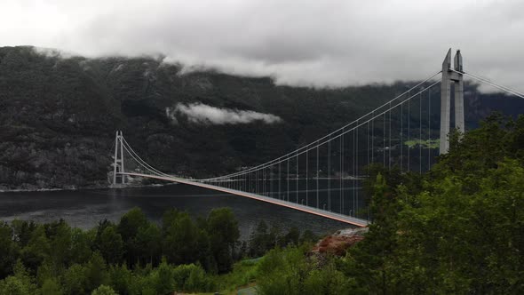 Hardanger Bridge over fjord, Norway. Aerial View.