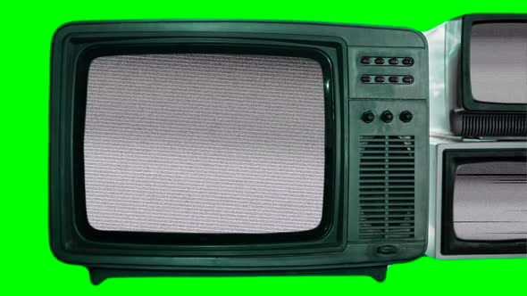 Vintage Tv With Blue Screen On A Green Background. Copy Space On The Display Of A Retro Tv