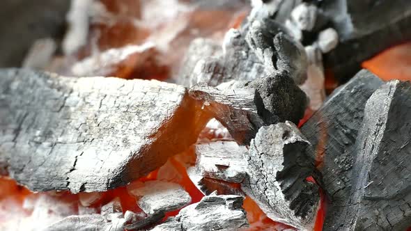 burning fire, firewood coal closeup in the fireplace